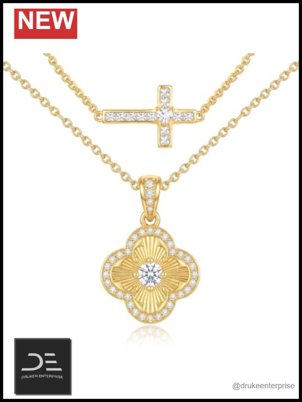 14K Gold Plated Cross & Clover Layered Necklace Set